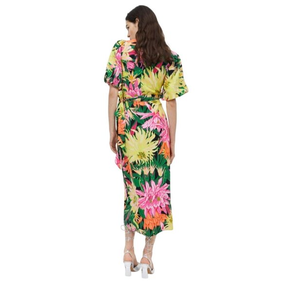 H&M Puff Sleeved Wrap Dress Green/Floral Bright Tropical XXL - Picture 6 of 7